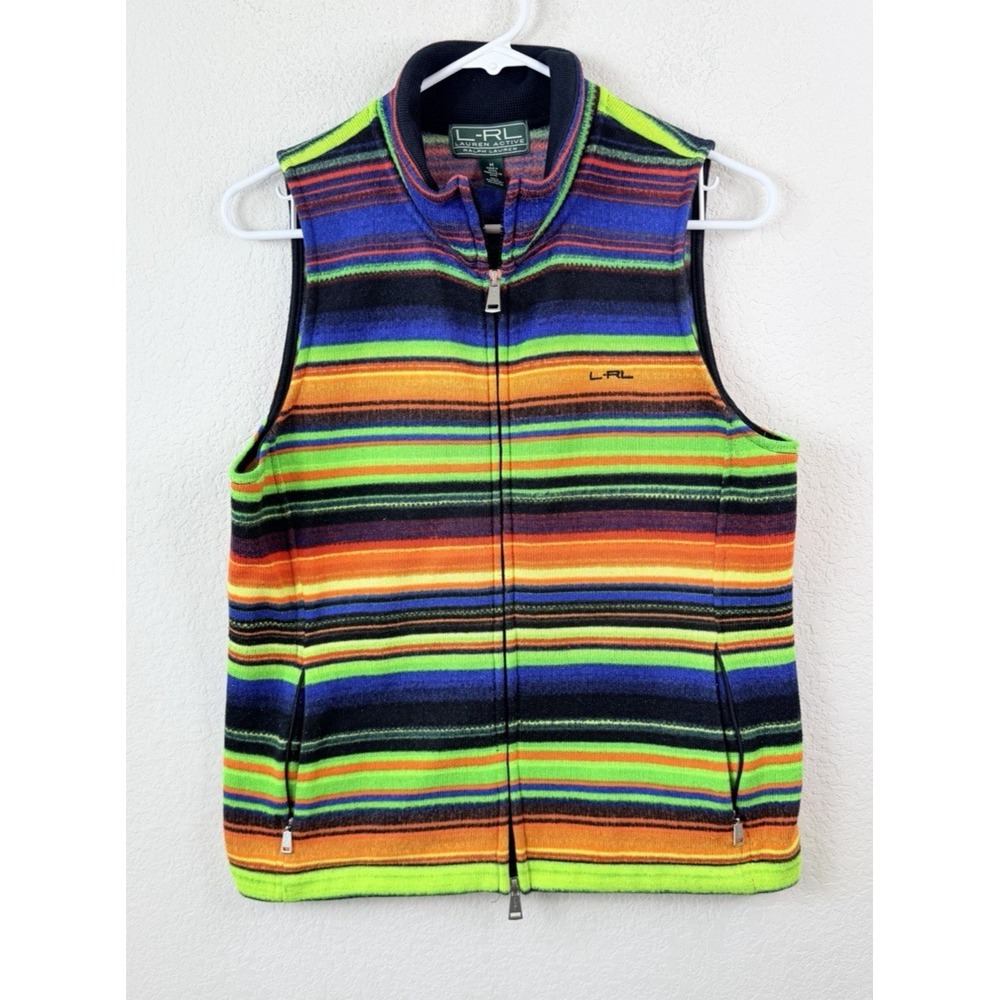 L-RL Lauren Active Ralph Lauren Fleece Vest Women's M Neon Rainbow Full Zip Y2K